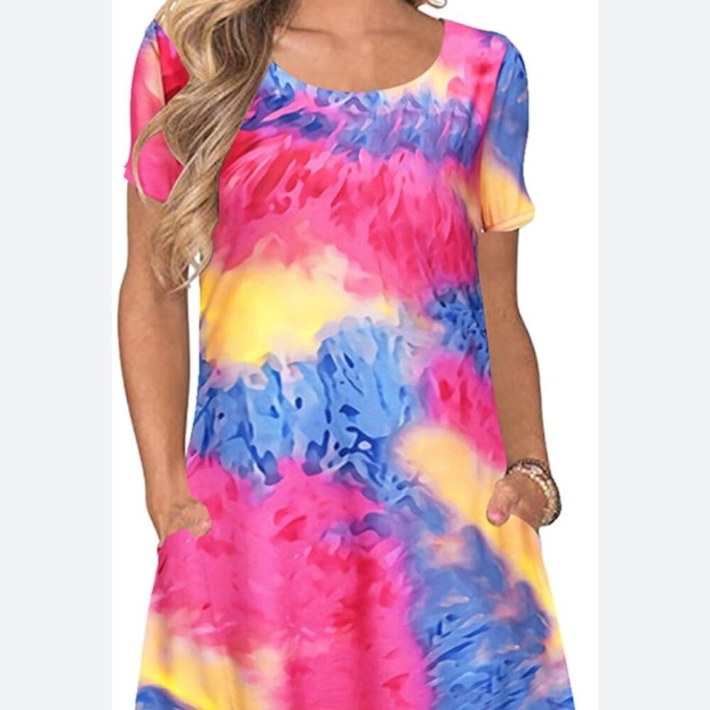 NWT Oversized Gradient Print Short Sleeve Rainbow Tie Dye Loose Casual Mini Dres